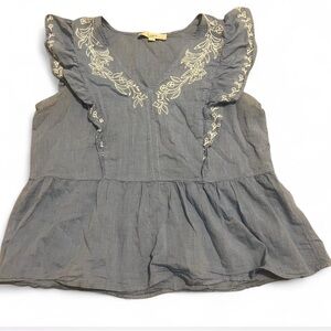 Loft Gray Embroidered Flutter Sleeve Peplum Top